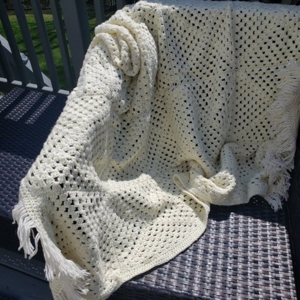 Afghan Hand-made Crocheted Off-White Open Weave 45 x 69 with Tassels